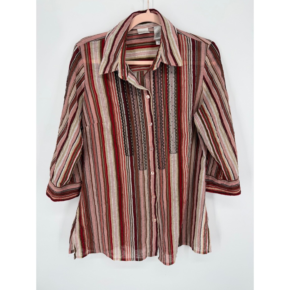 Emma James Button Up Shirt Women 10 Red Pink Brown Striped Embroidered Boho